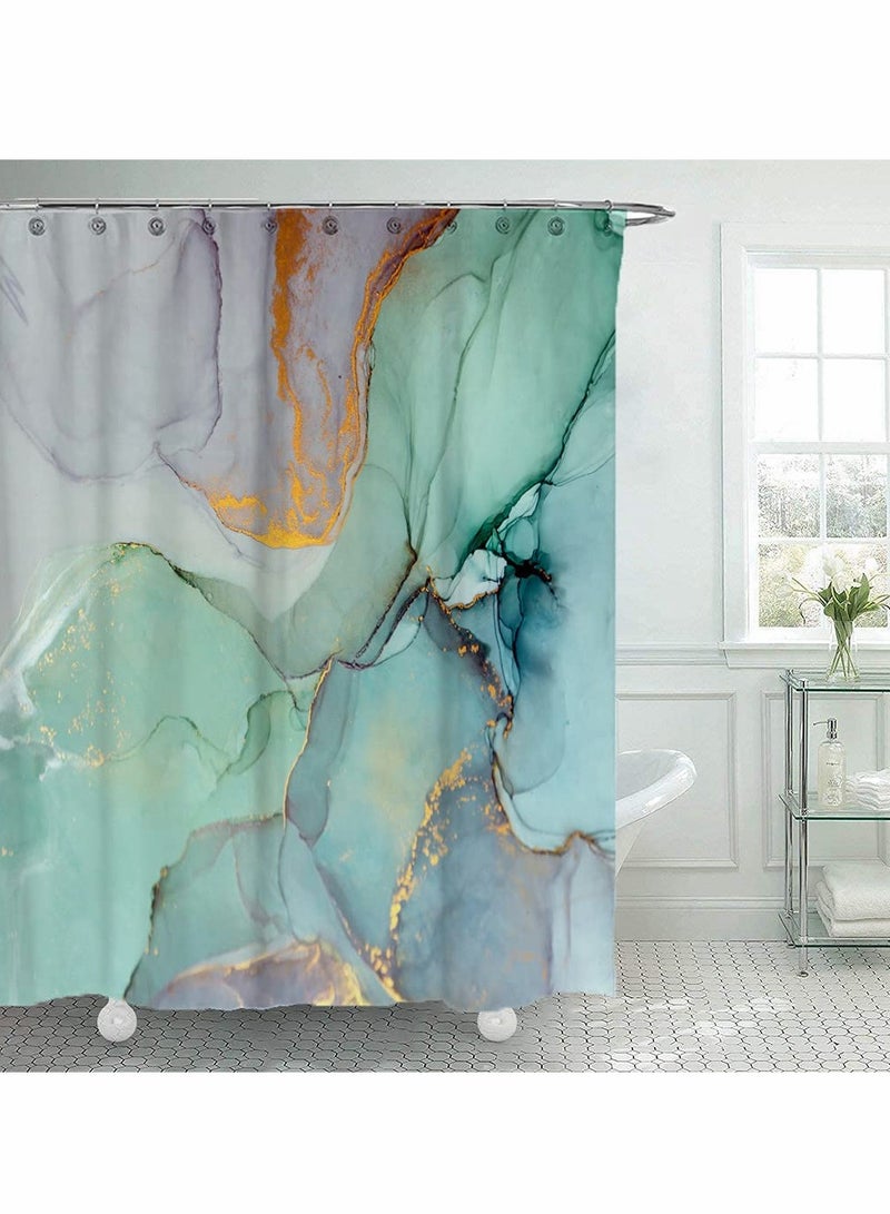 KASTWAVE Shower Curtain, 180cm Bathroom Decor Set, Green Colourful Marble Shower Curtains with 12 Hooks Watercolor Abstract Ink Paint Jade Printing Decor  - Image 1