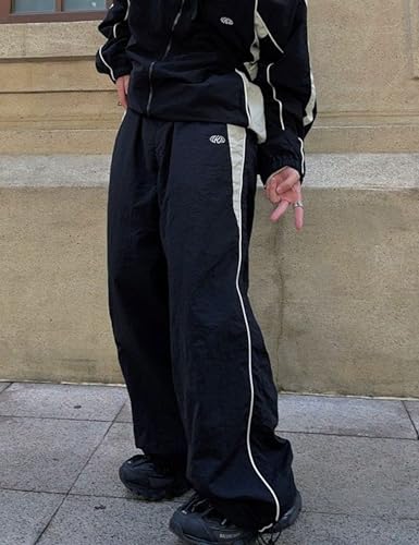 FCOOLYEET Mens Straight Leg Sweatpants Y2k Baggy Sweats Cool Parachute Pants Joggers Drawstring Track Pants for Men Black - Image 2
