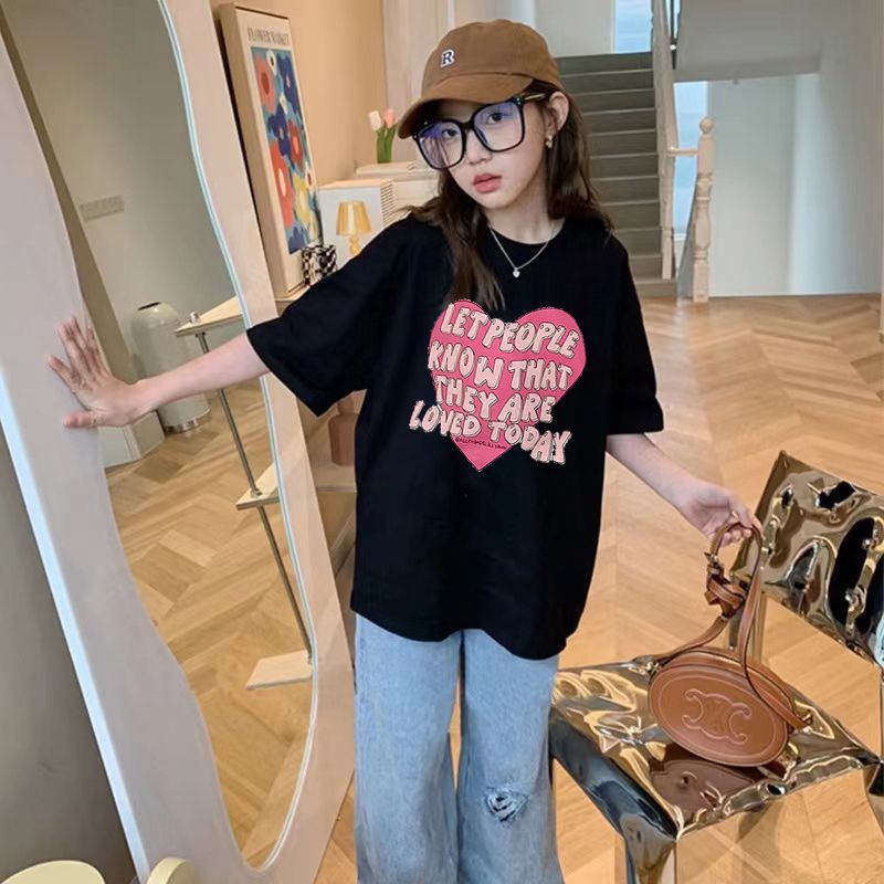 Girls' Summer Pure Cotton T-Shirt Short-Sleeved New Fashionable Brand Love Letter Foreign Style Fried Street Children'S Loose Hip-Hop Top - Image 4