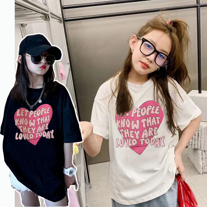 Girls' Summer Pure Cotton T-Shirt Short-Sleeved New Fashionable Brand Love Letter Foreign Style Fried Street Children'S Loose Hip-Hop Top - Image 2