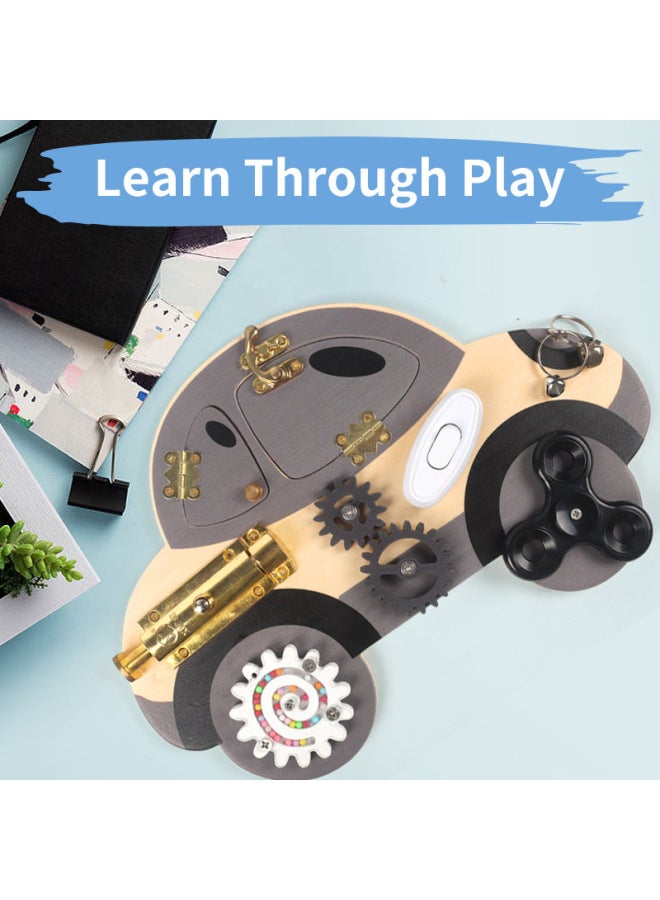 Children's Educational Early Education Busy Board Toy Wooden Car Multi-Function Music Steering Wheel Busy Board Unlocking Toy-Color:XM-car Busy Board 0.55 - Image 1