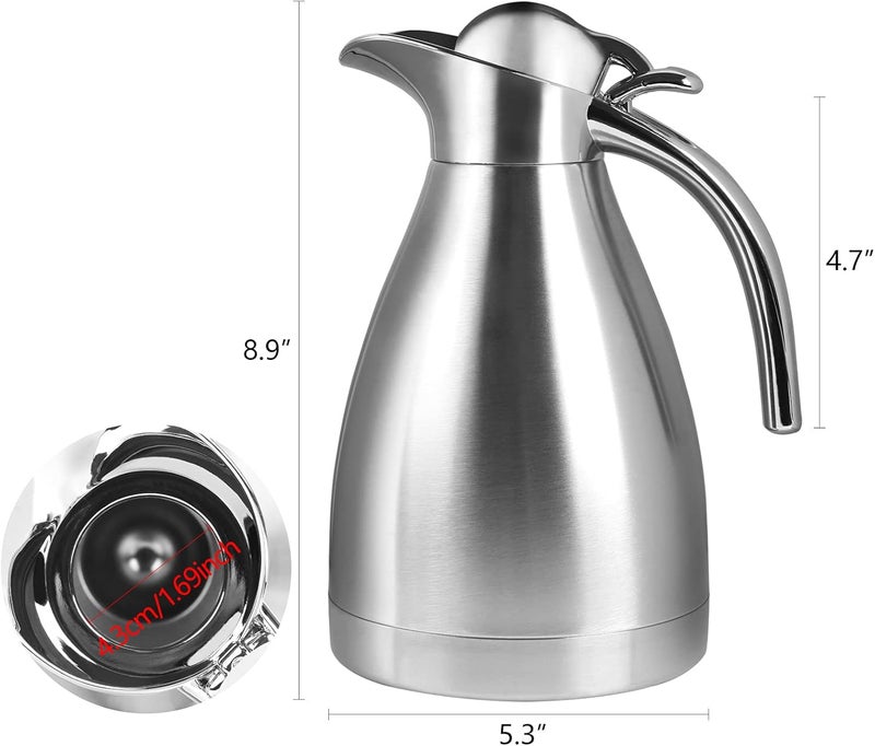Teqooza 34 أونصة من الفولاذ المقاوم للصدأ من الدرجة الغذائية، إبريق حراري مع عزل فراغي ذو طبقتين، يحتوي على غطاء بزر، يحافظ على الحرارة والبرودة لأكثر من 12 ساعة للقهوة والشاي والمشروبات، اللون: فضي (سعة 1.0 لتر) - Image 2