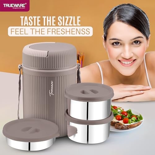 Trueware GRUB 2 Double Wall Insulated Hot Lunch Box with 2 SS Container 300 ML Each & 1 SS Container 200ML | Bpa Free | Food Grade | Hot and Fresh Many Hours, Stainless Steel, Beige - Image 2