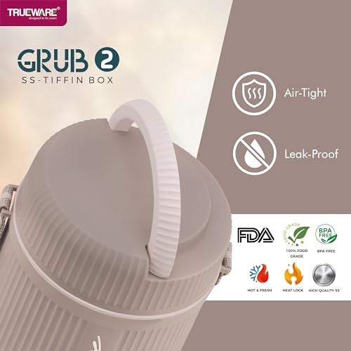 Trueware GRUB 2 Double Wall Insulated Hot Lunch Box with 2 SS Container 300 ML Each & 1 SS Container 200ML | Bpa Free | Food Grade | Hot and Fresh Many Hours, Stainless Steel, Beige - Image 4