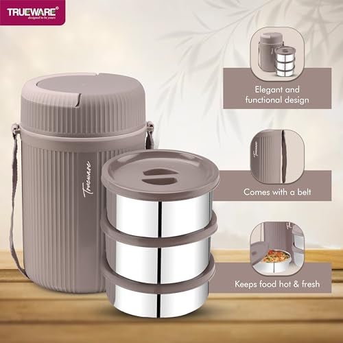 Trueware GRUB 2 Double Wall Insulated Hot Lunch Box with 2 SS Container 300 ML Each & 1 SS Container 200ML | Bpa Free | Food Grade | Hot and Fresh Many Hours, Stainless Steel, Beige - Image 3