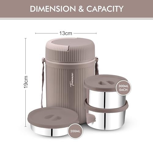 Trueware GRUB 2 Double Wall Insulated Hot Lunch Box with 2 SS Container 300 ML Each & 1 SS Container 200ML | Bpa Free | Food Grade | Hot and Fresh Many Hours, Stainless Steel, Beige - Image 5