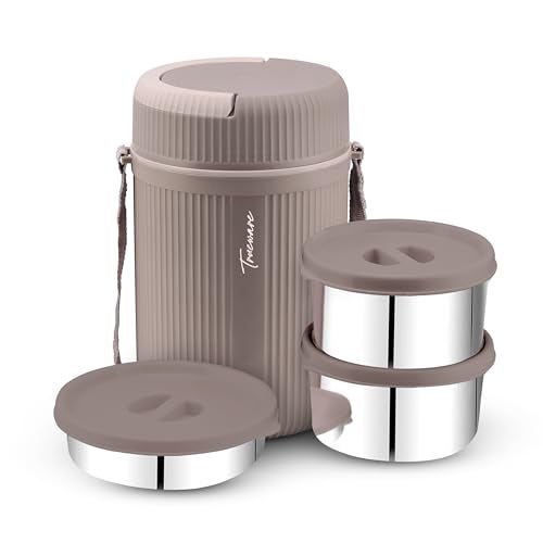 Trueware GRUB 2 Double Wall Insulated Hot Lunch Box with 2 SS Container 300 ML Each & 1 SS Container 200ML | Bpa Free | Food Grade | Hot and Fresh Many Hours, Stainless Steel, Beige - Image 1