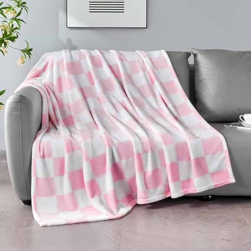 Loquat Pink Checkered Blanket, Soft Cozy Fleece Checkered Throw Blankets for Bed Sofa Couch Camping, Ultra Fluffy Throws for All Seasons, 50x60 Inch, Pink - Image 1