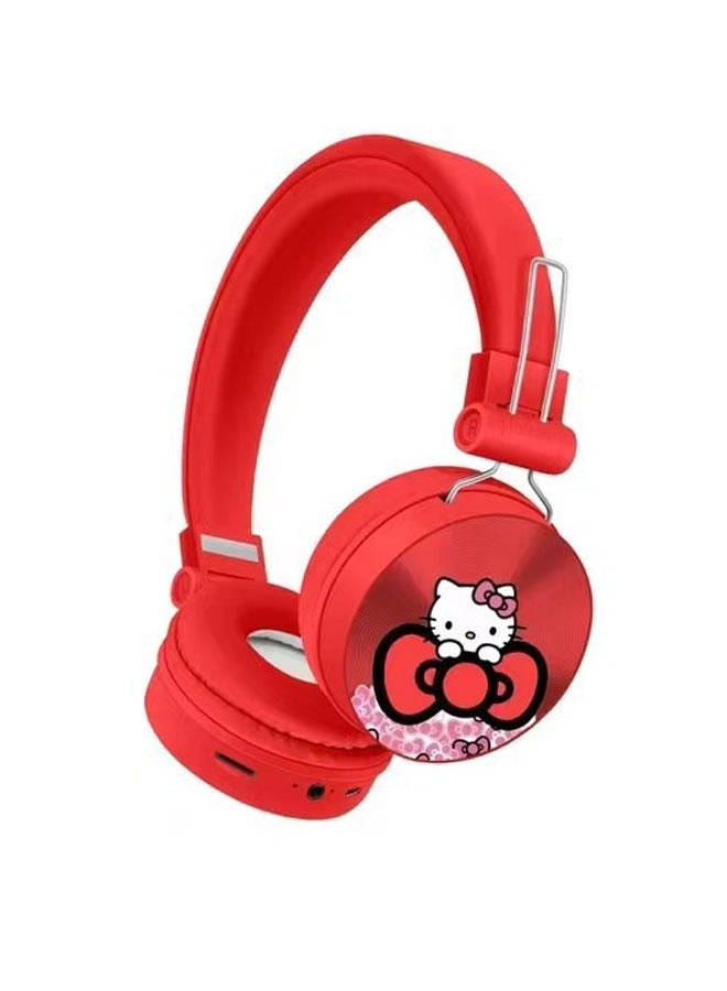 Red Hello Kitty pattern Bluetooth wireless earphones for children, folding earphones for children with noise cancelling, suitable for children's stereo earphones for TF cards,mobile phones and tablets 