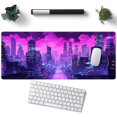 YKJWW Desk Pad Cyberpunk Purple Desk Mat City Skyline Gaming Extended Mouse Pad Big Office Keyboard Pc Laptop for Women Large Mousepad with Stitched Eges Non-Slip Base Mouse Keyboard Mat 31.5x11.8 in - Image 5
