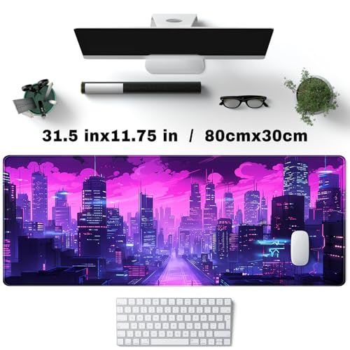 YKJWW Desk Pad Cyberpunk Purple Desk Mat City Skyline Gaming Extended Mouse Pad Big Office Keyboard Pc Laptop for Women Large Mousepad with Stitched Eges Non-Slip Base Mouse Keyboard Mat 31.5x11.8 in - Image 4