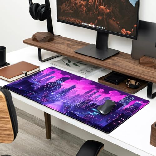 YKJWW Desk Pad Cyberpunk Purple Desk Mat City Skyline Gaming Extended Mouse Pad Big Office Keyboard Pc Laptop for Women Large Mousepad with Stitched Eges Non-Slip Base Mouse Keyboard Mat 31.5x11.8 in - Image 3