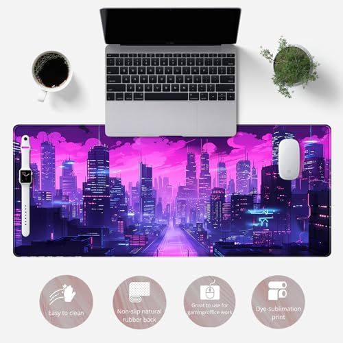 YKJWW Desk Pad Cyberpunk Purple Desk Mat City Skyline Gaming Extended Mouse Pad Big Office Keyboard Pc Laptop for Women Large Mousepad with Stitched Eges Non-Slip Base Mouse Keyboard Mat 31.5x11.8 in - Image 2