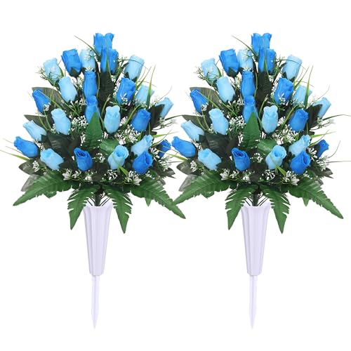 Lodou Artificial Cemetery FlowersOutdoor Grave Decorations RosesArrangements Bouquet with Cemetery Vase Silk Flowers for LongLasting Remembrance Blue - Image 1