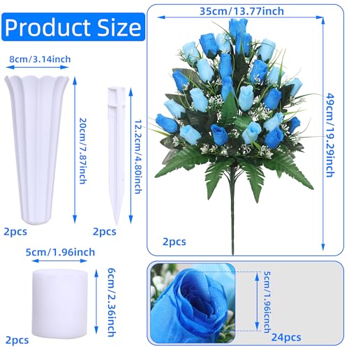 Lodou Artificial Cemetery FlowersOutdoor Grave Decorations RosesArrangements Bouquet with Cemetery Vase Silk Flowers for LongLasting Remembrance Blue - Image 3