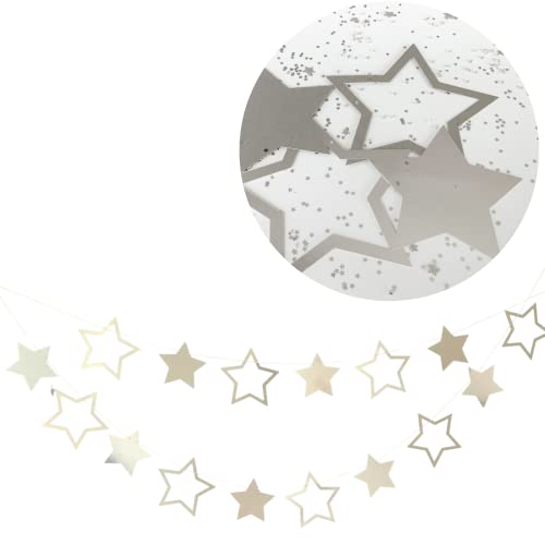 Pinfliers Twinkle Twinkle Little Star Theme Paper Star Bunting, 16 pieces, 2 shade of silver, 66 inches in length - Image 1
