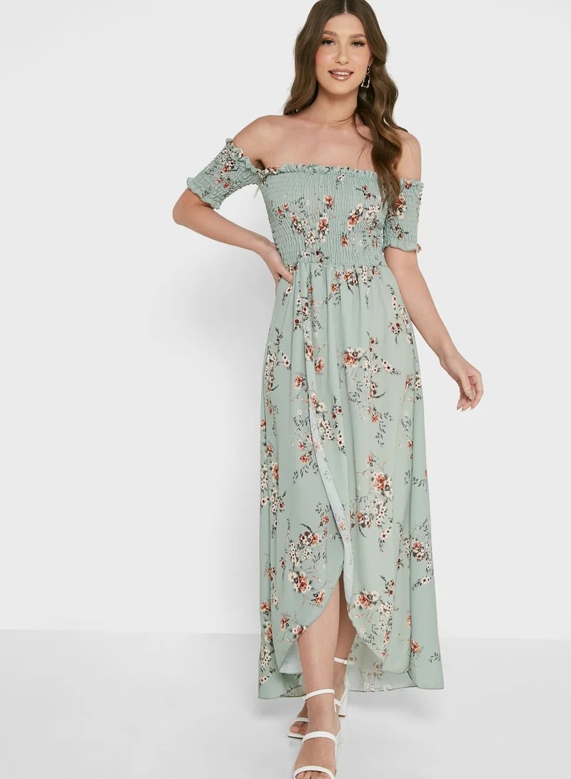 boohoo Bardot Floral Print Wrap Dress