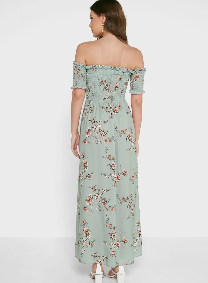 boohoo Bardot Floral Print Wrap Dress