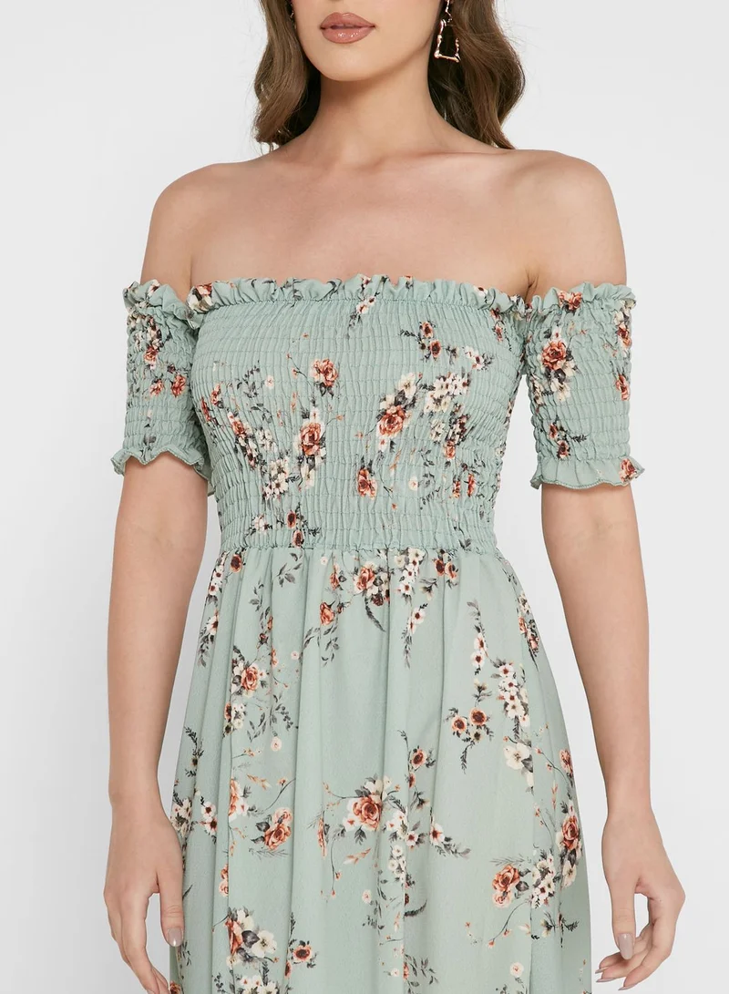 boohoo Bardot Floral Print Wrap Dress