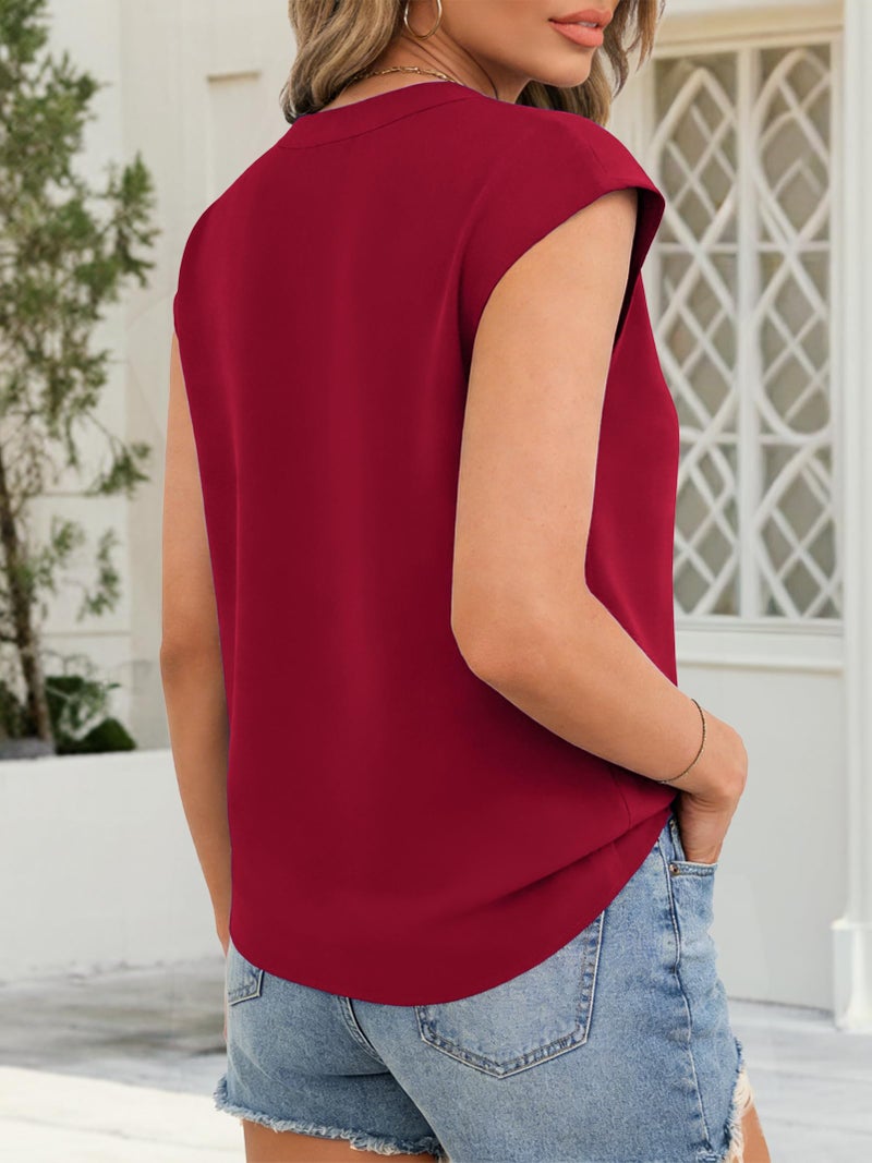 Funlingo Womens Blouses Dressy Casual Short Sleeve V Neck Summer Tops Fashion Flowy Work Blouses Office Clothes 2026 Red M - Image 4