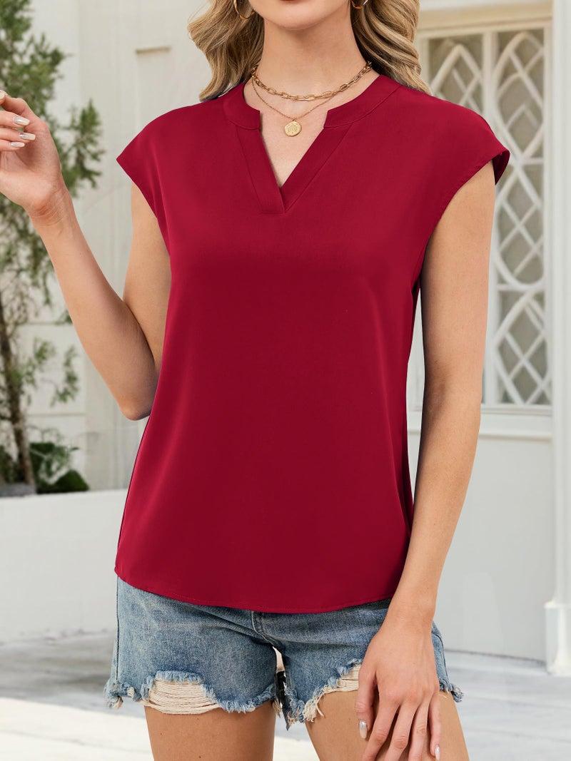 Funlingo Womens Blouses Dressy Casual Short Sleeve V Neck Summer Tops Fashion Flowy Work Blouses Office Clothes 2026 Red M - Image 2