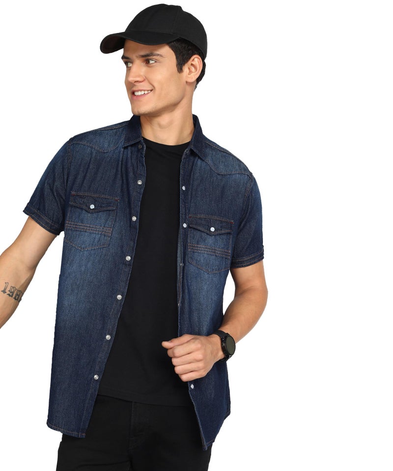 Kuons Avenue Men's Dark Indigo Denim Double Pocket Casual Shirt | Half Sleeves Shirt for Men (KACLHS1277XXL_Dark Indigo_XX-Large) - Image 1