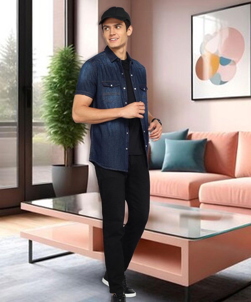 Kuons Avenue Men's Dark Indigo Denim Double Pocket Casual Shirt | Half Sleeves Shirt for Men (KACLHS1277XXL_Dark Indigo_XX-Large) - Image 3