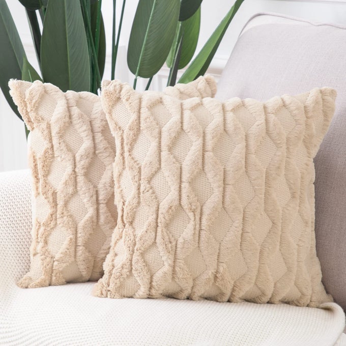 SET OF 2 SOFT PLUSH SHORT WOOL VELVET DECORATIVE THROW PILLOW COVERS 20X20 INCH KHAKI SQUARE LUXURY STYLE CUSHION CASES PILLOW SHELL FOR SOFA BEDROOM