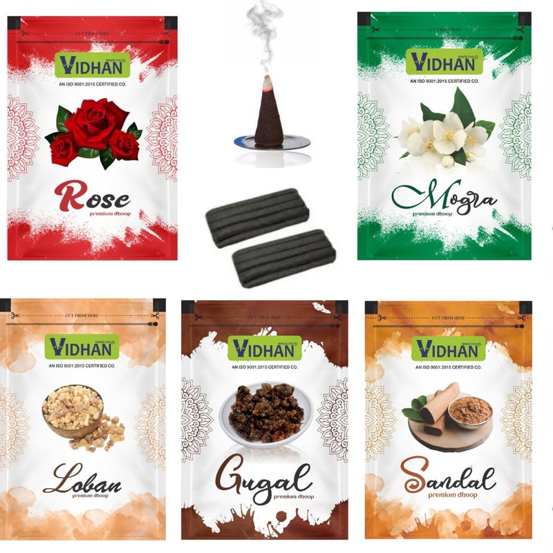 V VIDHAN DHOOP Zipper Pouch VIDHAN Wet DHOOP Herbal Long Lasting Fragrance for Daily Pooja Havan Meditation and Yoga 20 Sticks in Each Packet Pack of 5 Rose MOGRA Sandal GUGGAL LOBAN  - Image 1