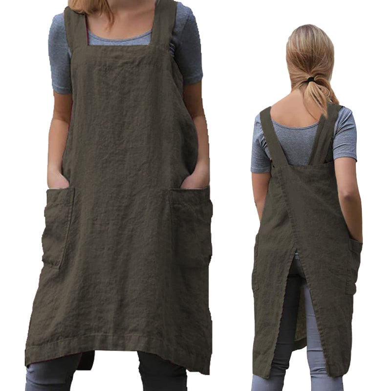 ZQFFB Pinafore Cross Back Apron for Women with Pockets Japanese Smock for Work Gardening Cooking Painting Baking - Image 2