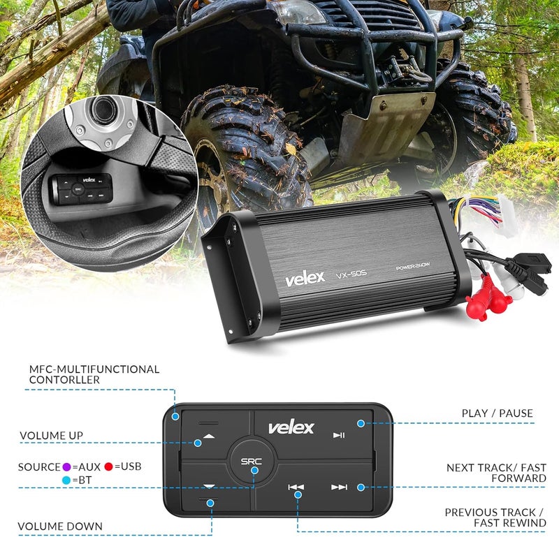 VELEX Marine Bluetooth Amplifier Waterproof Class D Amp UTV Amp 4 Channel with Controller for Boat Golf Motorcycle Hidden Installation - Image 3