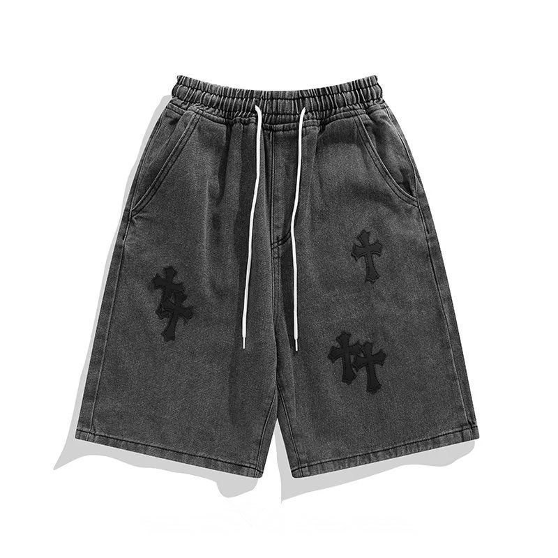 Denim Shorts Mens Summer Hong Kong Style New Cross Labeling High Street Teenager Loose Straight Casual Shorts Black (elastic waist) 