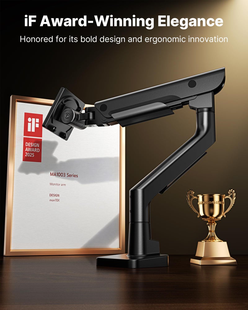 monTEK Sleek Aluminum Monitor Arm for 17â€“57â€ Ultrawide Screens up to 59.4 lbs, USB 3.0 A/C, Heavy Duty Single Monitor Arm Desk Mount, Pneumatic Lift, Quick-Release Plate, Clamp/Grommet, VESA 100x100 - Image 2