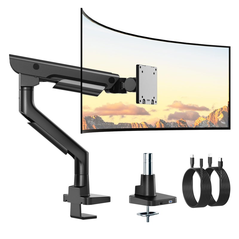 monTEK Sleek Aluminum Monitor Arm for 17â€“57â€ Ultrawide Screens up to 59.4 lbs, USB 3.0 A/C, Heavy Duty Single Monitor Arm Desk Mount, Pneumatic Lift, Quick-Release Plate, Clamp/Grommet, VESA 100x100 - Image 1