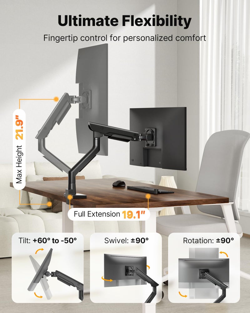 monTEK Sleek Aluminum Monitor Arm for 17â€“57â€ Ultrawide Screens up to 59.4 lbs, USB 3.0 A/C, Heavy Duty Single Monitor Arm Desk Mount, Pneumatic Lift, Quick-Release Plate, Clamp/Grommet, VESA 100x100 - Image 5