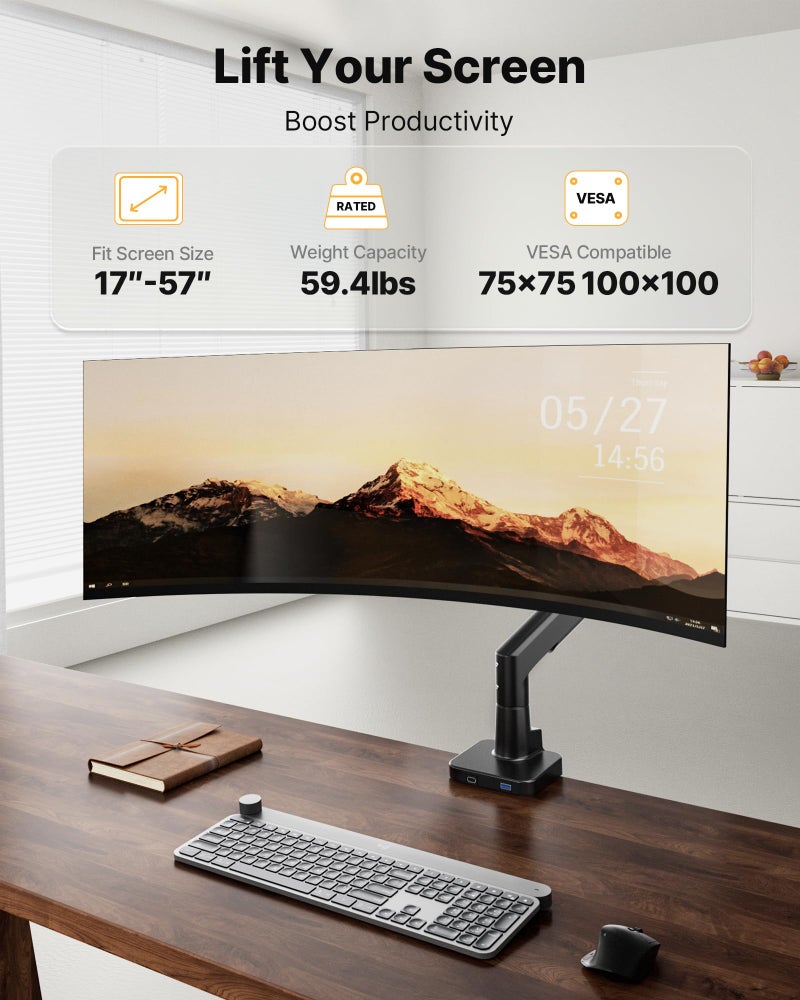 monTEK Sleek Aluminum Monitor Arm for 17â€“57â€ Ultrawide Screens up to 59.4 lbs, USB 3.0 A/C, Heavy Duty Single Monitor Arm Desk Mount, Pneumatic Lift, Quick-Release Plate, Clamp/Grommet, VESA 100x100 - Image 4