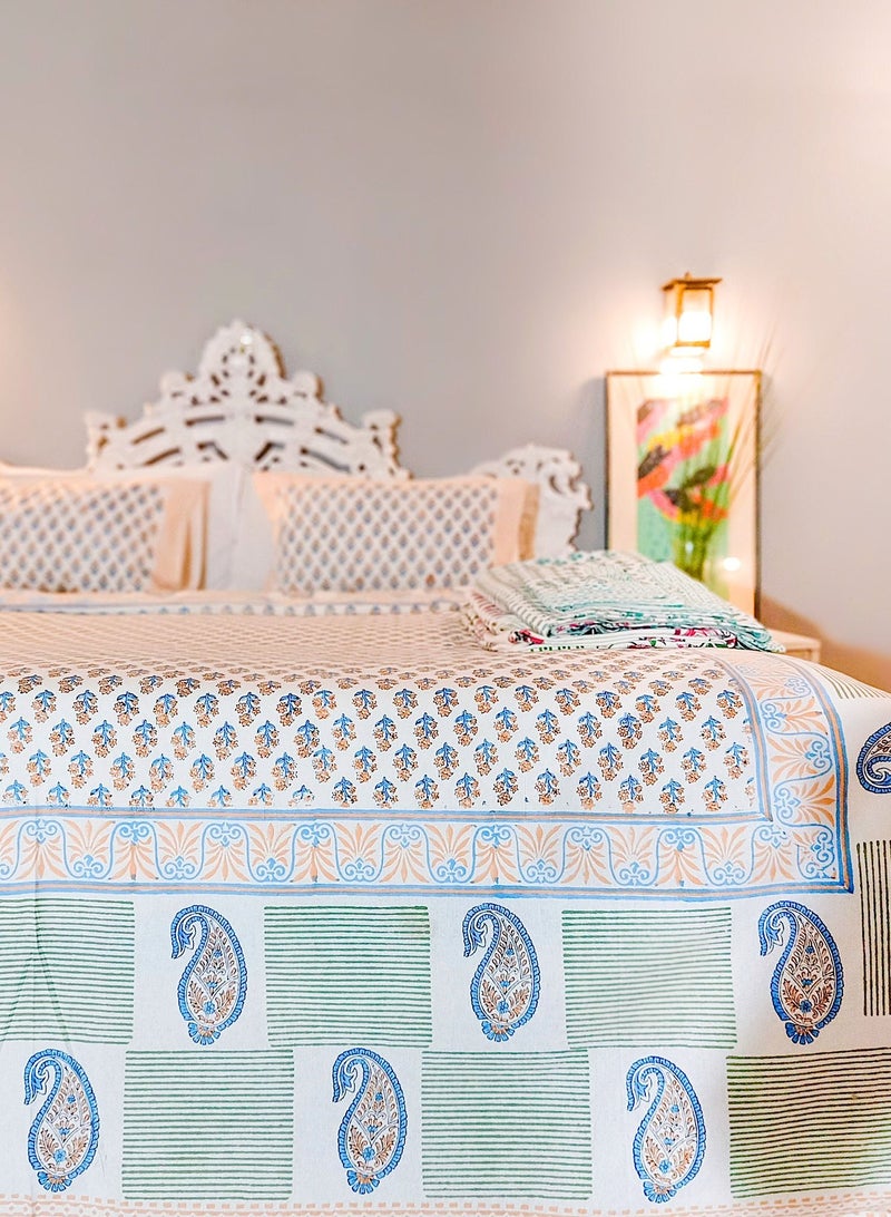 OJARIYA Paisley Multicolor Block Printed King Size Flat Sheet With Organic Colors on 100 Percent Premium Cotton (with 250 TC) - Image 1