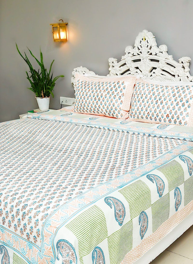 OJARIYA Paisley Multicolor Block Printed King Size Flat Sheet With Organic Colors on 100 Percent Premium Cotton (with 250 TC) - Image 4