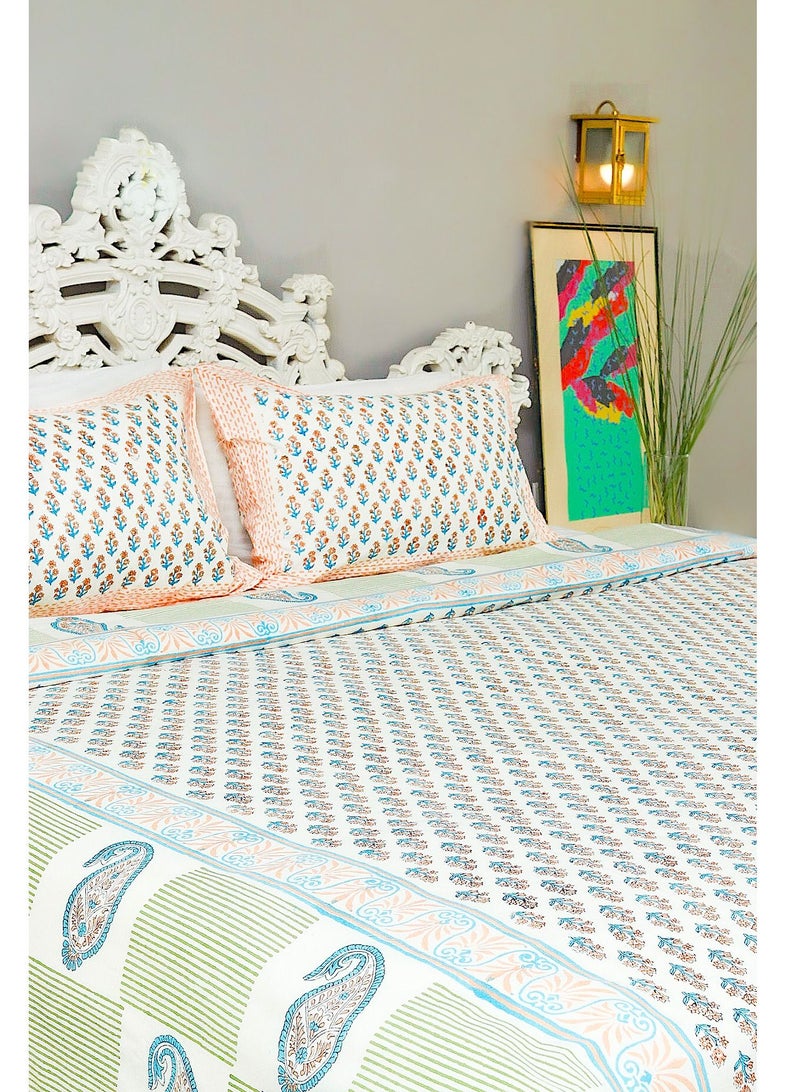 OJARIYA Paisley Multicolor Block Printed King Size Flat Sheet With Organic Colors on 100 Percent Premium Cotton (with 250 TC) - Image 3