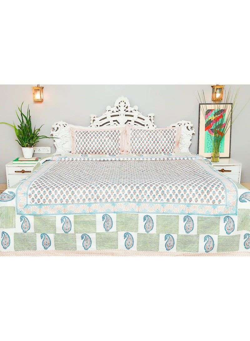 OJARIYA Paisley Multicolor Block Printed King Size Flat Sheet With Organic Colors on 100 Percent Premium Cotton (with 250 TC) - Image 2