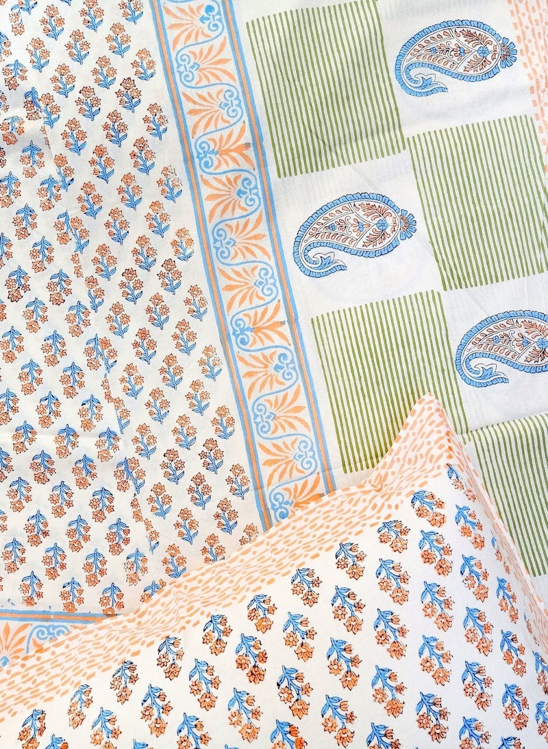 OJARIYA Paisley Multicolor Block Printed King Size Flat Sheet With Organic Colors on 100 Percent Premium Cotton (with 250 TC) - Image 5