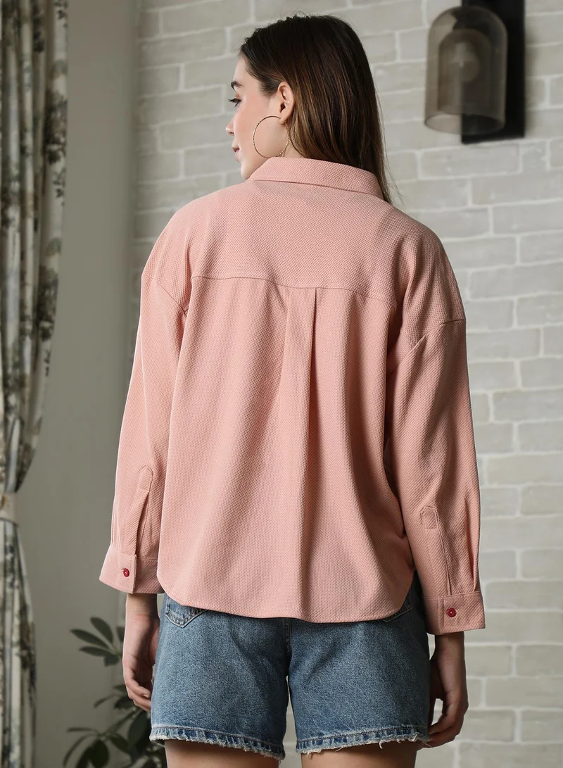 Pinacolada  Women's Peach Pink Rhombus-Tactile Oversized Shirt for Women | Best Price UAE