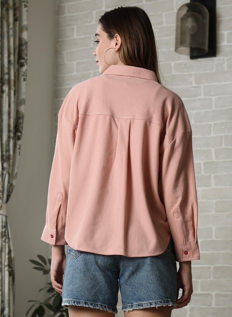 PINACOLADA Women's Peach Pink Rhombus-Tactile Oversized Shirt - Image 5