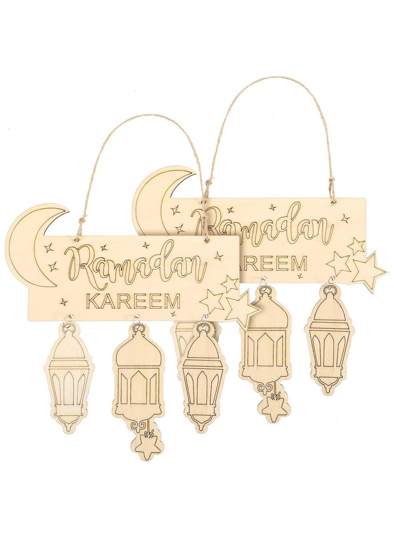 AUTOYSUR 2 Pieces Ramadan Wooden Hanging Plaque Sign Lantern Pendant Ornament Wall DIY Home Decoration for Eid Ramadan - Image 1