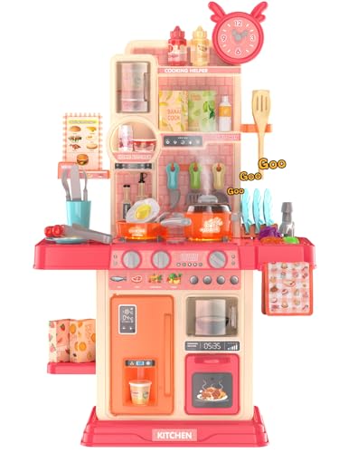 TWFRIC Play Kitchen for Toddlers Kids Kitchen Playset Toddler Girl Toys with Cooking Stove Steam Sink and Food Pretend Cooking Set Toy for 3 4 5 Year Old Kid Birthday Red - Image 1
