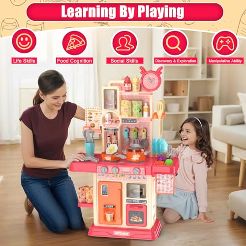 TWFRIC Play Kitchen for Toddlers Kids Kitchen Playset Toddler Girl Toys with Cooking Stove Steam Sink and Food Pretend Cooking Set Toy for 3 4 5 Year Old Kid Birthday Red - Image 5