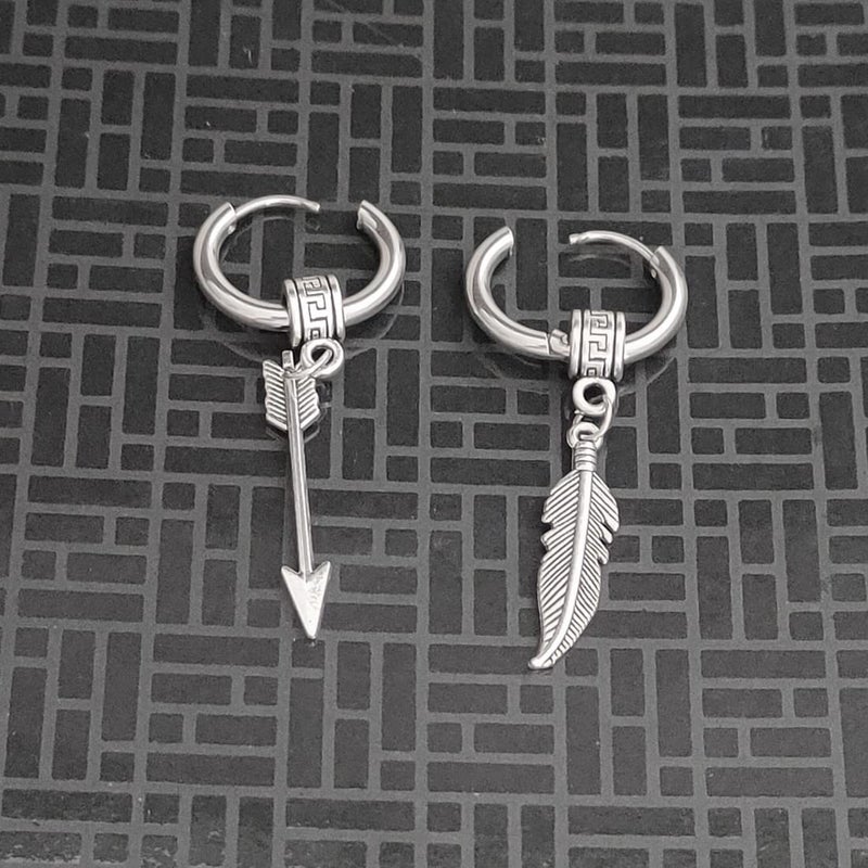 M Men Style أقراط هوغى للرجال مع حلقة ريشة وسلسلة طويلة مجوهرات قرصنة من الفولاذ التيتانيوم أقراط هووب فضية من الفولاذ المقاوم للصدأ للرجال والنساء - Image 3