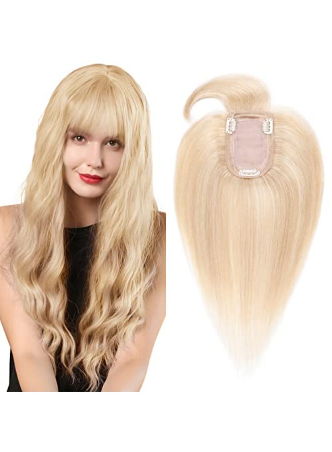 SEGO Hair Toppers for Women Real Human Hair with Thinning Hair Toppers Hair Pieces Clip in Toppers Straight Hair Pieces with Front Bangs 6 Inch 18613 Ash Blonde Mix Bleach Blonde - Image 1