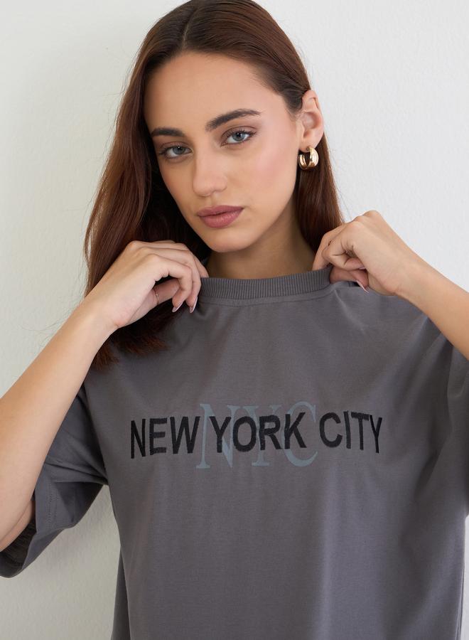 Styli Grey Oversized Embroidered T-Shirt and Joggers Co-ords - Image 2