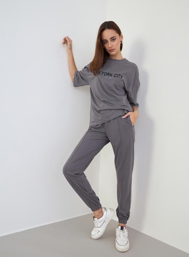 Styli Grey Oversized Embroidered T-Shirt and Joggers Co-ords - Image 1